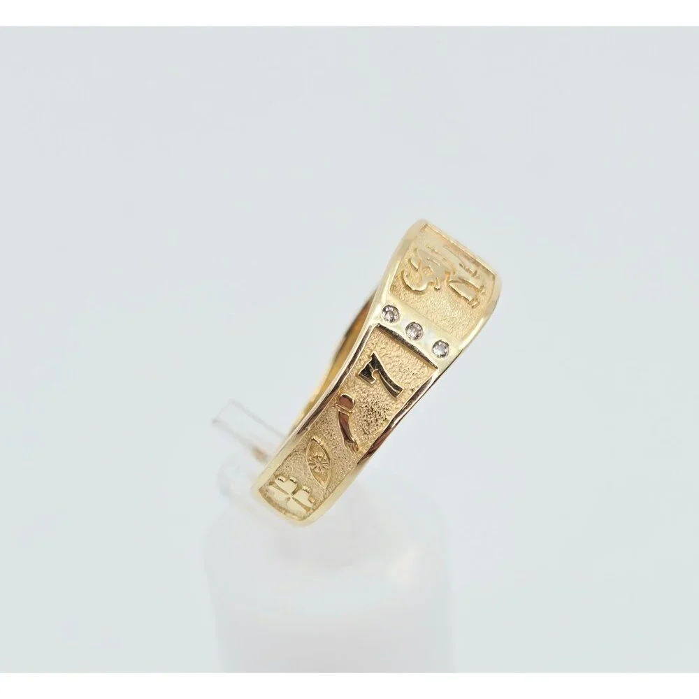 Unique 14K Karat Solid Yellow Gold Designer Lucky Symbols CZ Ring - Size 14
